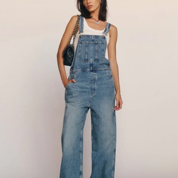 Reformation, River Relaxed Denim Overalls Ivory, Size 6 - Picture 3 of 7
